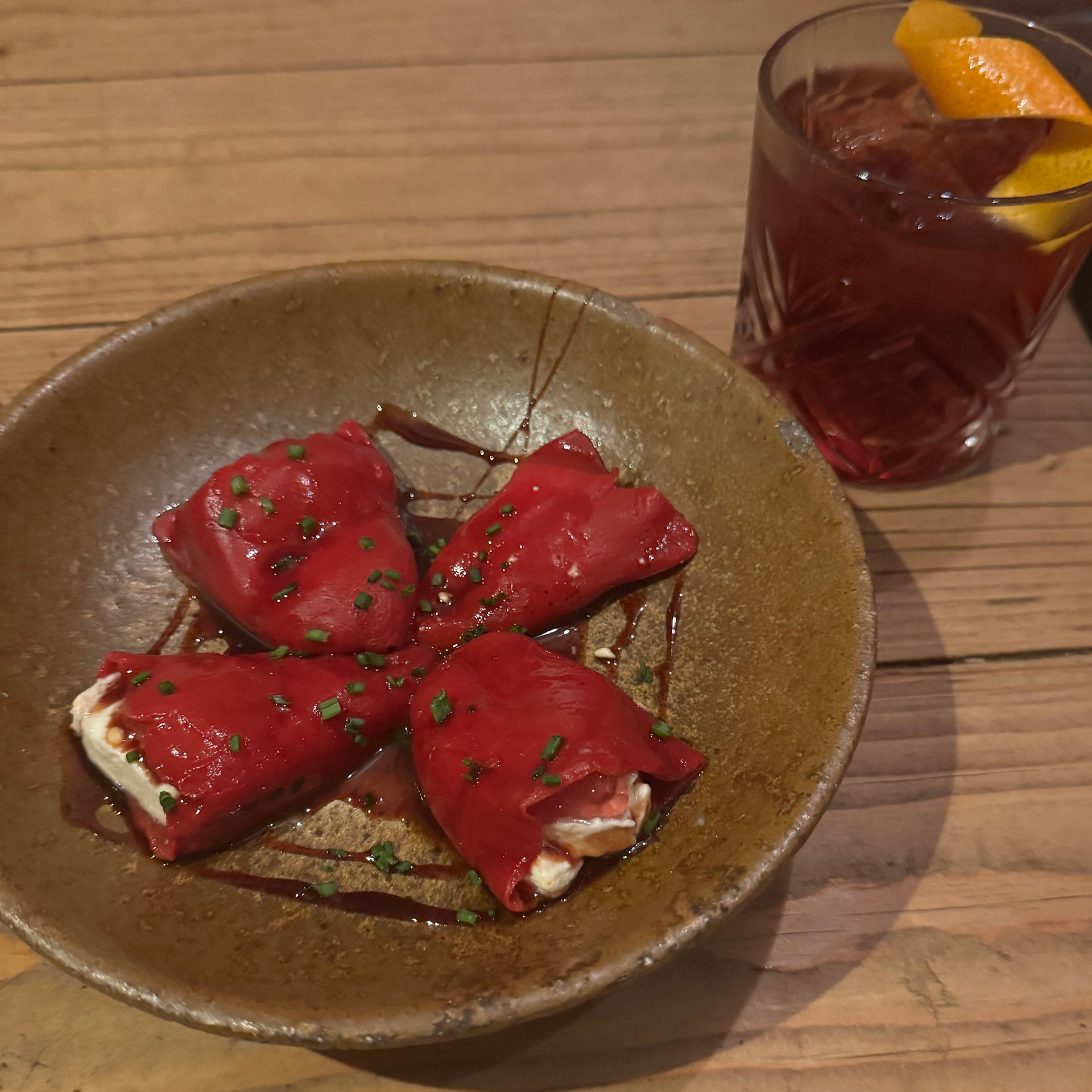 Barcelona peppers stuffed with goat cheese and sbagliato