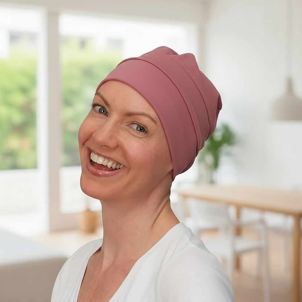 A lady wearing pink chemo headwear for women with hair loss