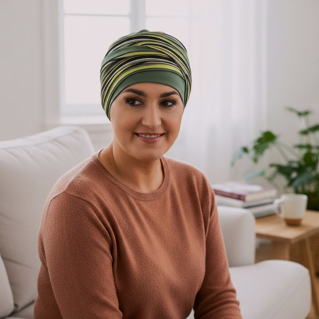 A woman wearing an olive colour chemo turban for hair loss