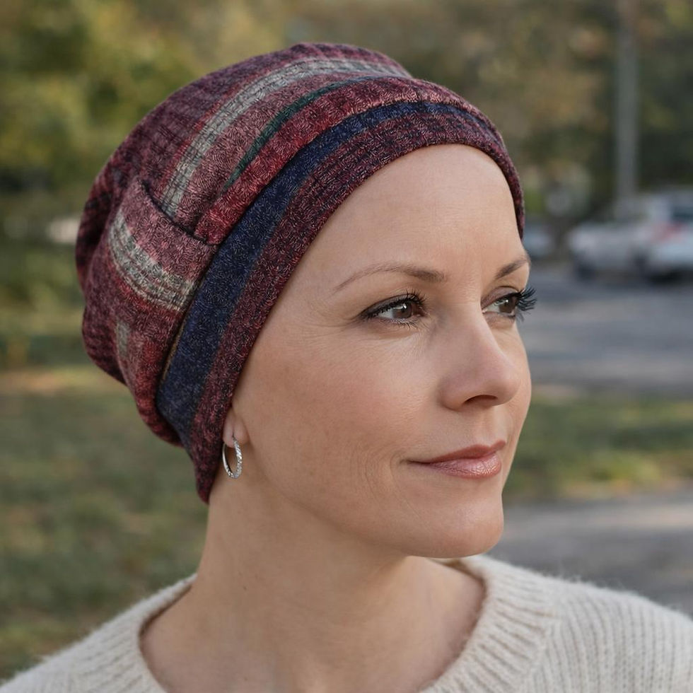 A woman wearing a burgundy check winter chemo hat