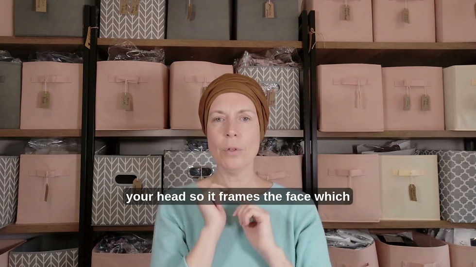 Thumbnail: A woman demonstrating how to wear a soft, comfortable winter chemo hat