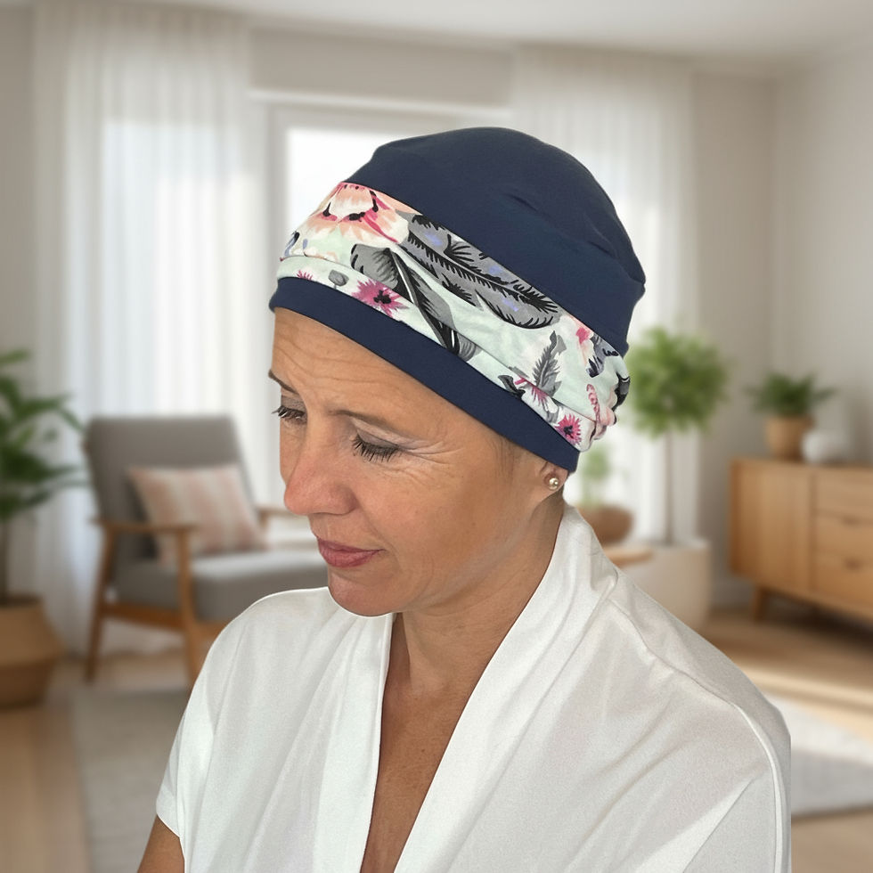 Thumbnail: A woman wearing a navy colour chemo hat featuring a detachable floral headband
