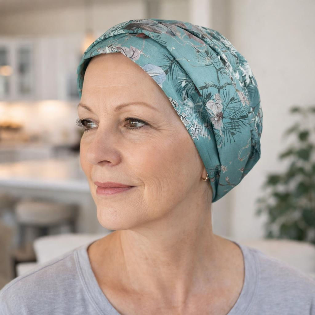 A woman wearing a teal headscarf with a bird print design