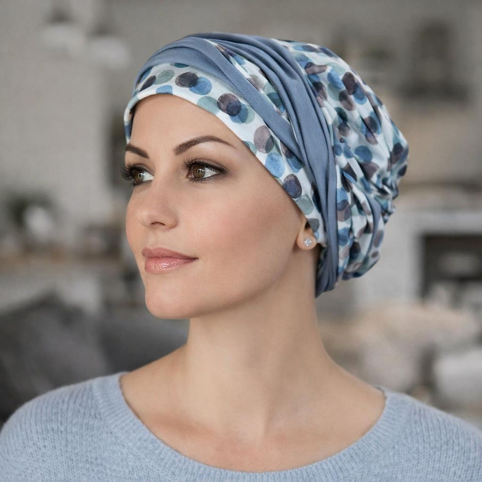 A woman wearing a sky blue and white chemo headscarf