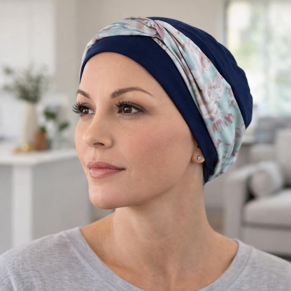 A woman wearing a navy chemo hat and silk pink headband