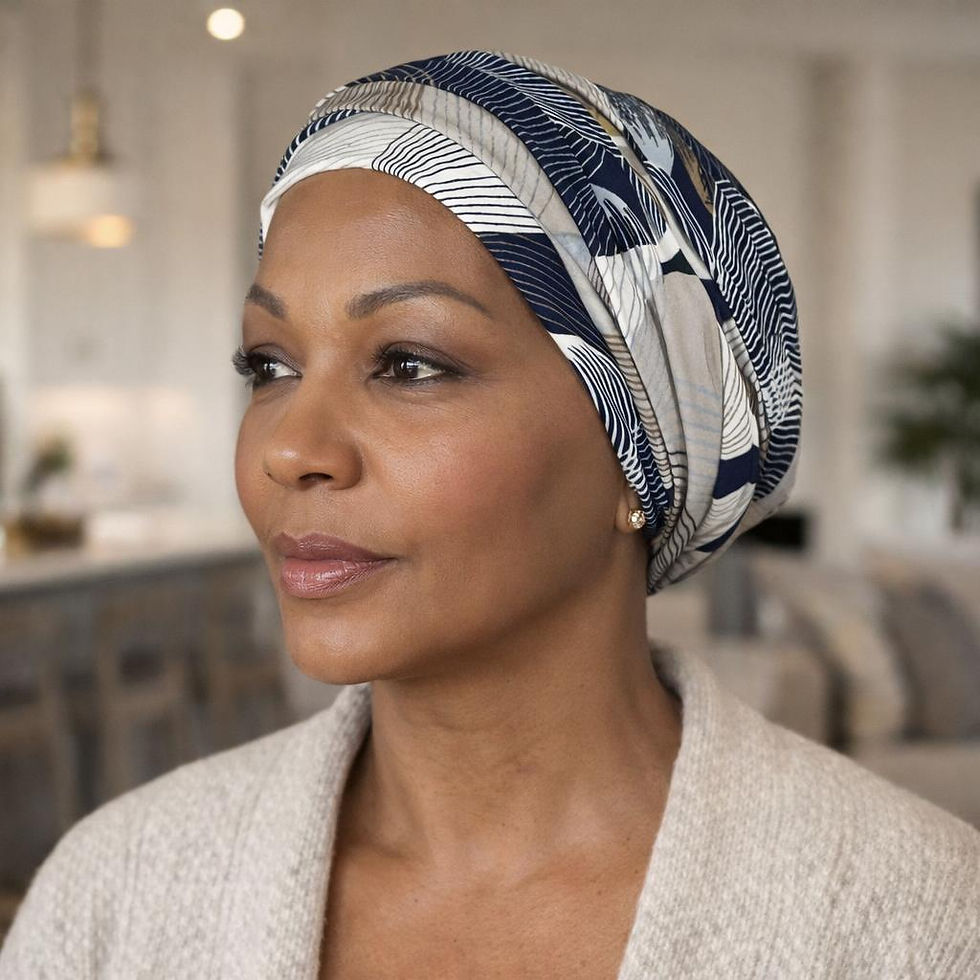 A woman wearing a navy and stone chemo headscarf for hairloss