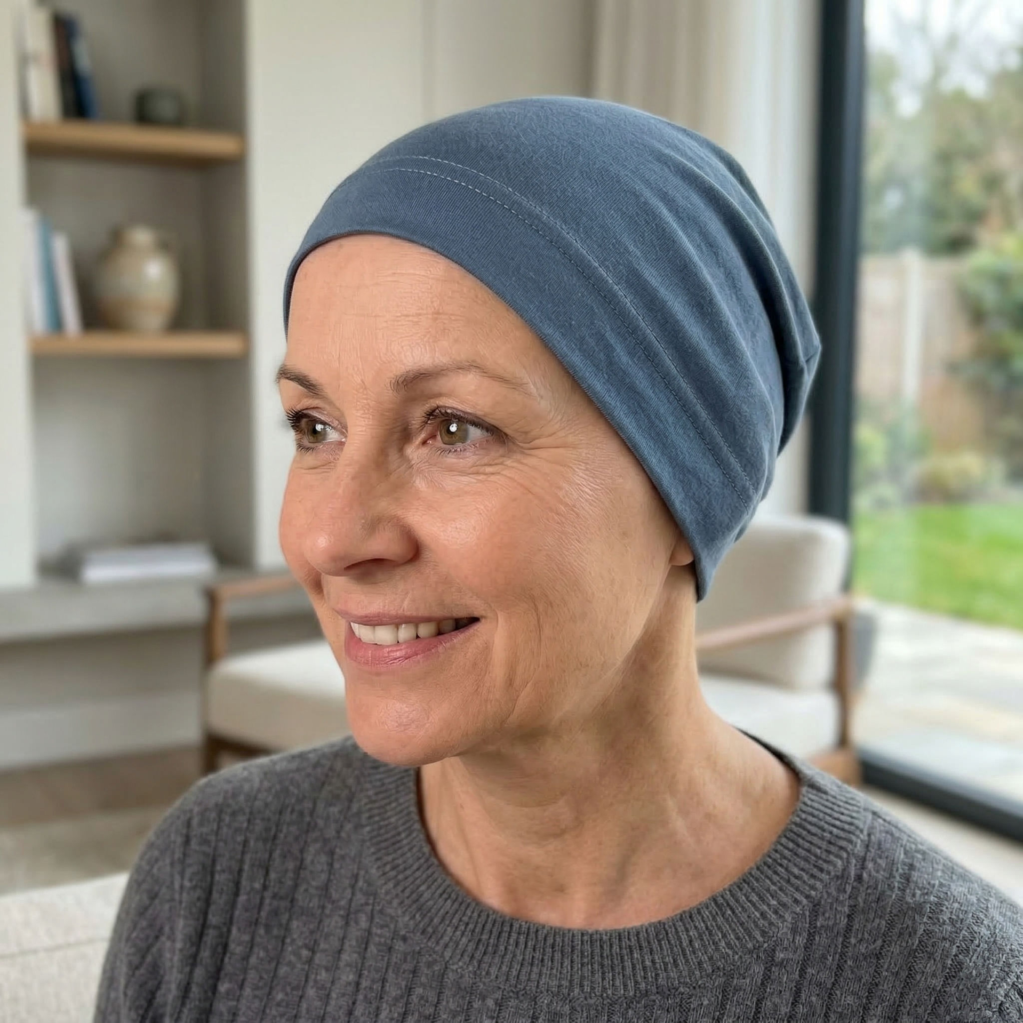 A woman wearing a denim blue bamboo chemo beanie