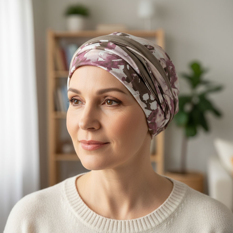 A woman wearing a pink cancer headscarf for hairloss
