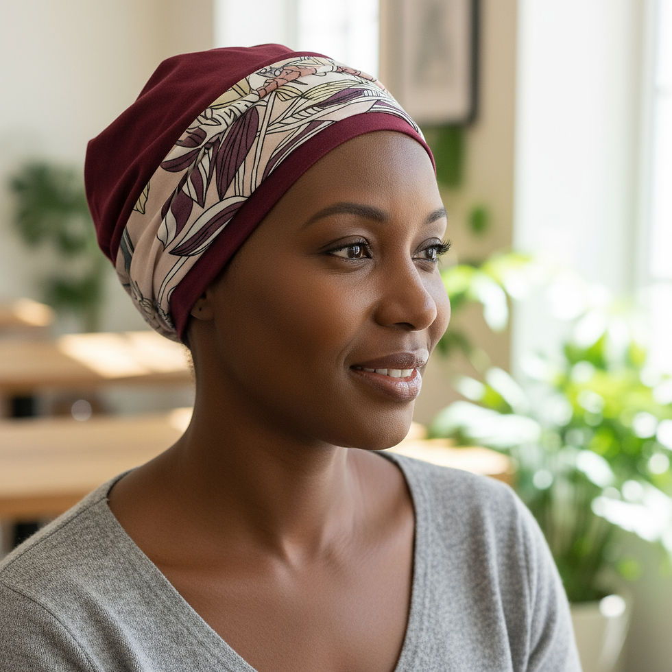 a woman wearing red chemo headwear with a pink floral headband