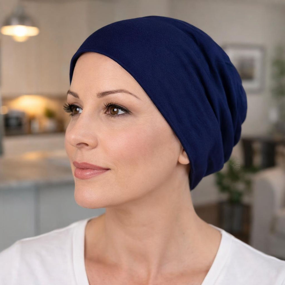 A woman wearing a navy chemo hat