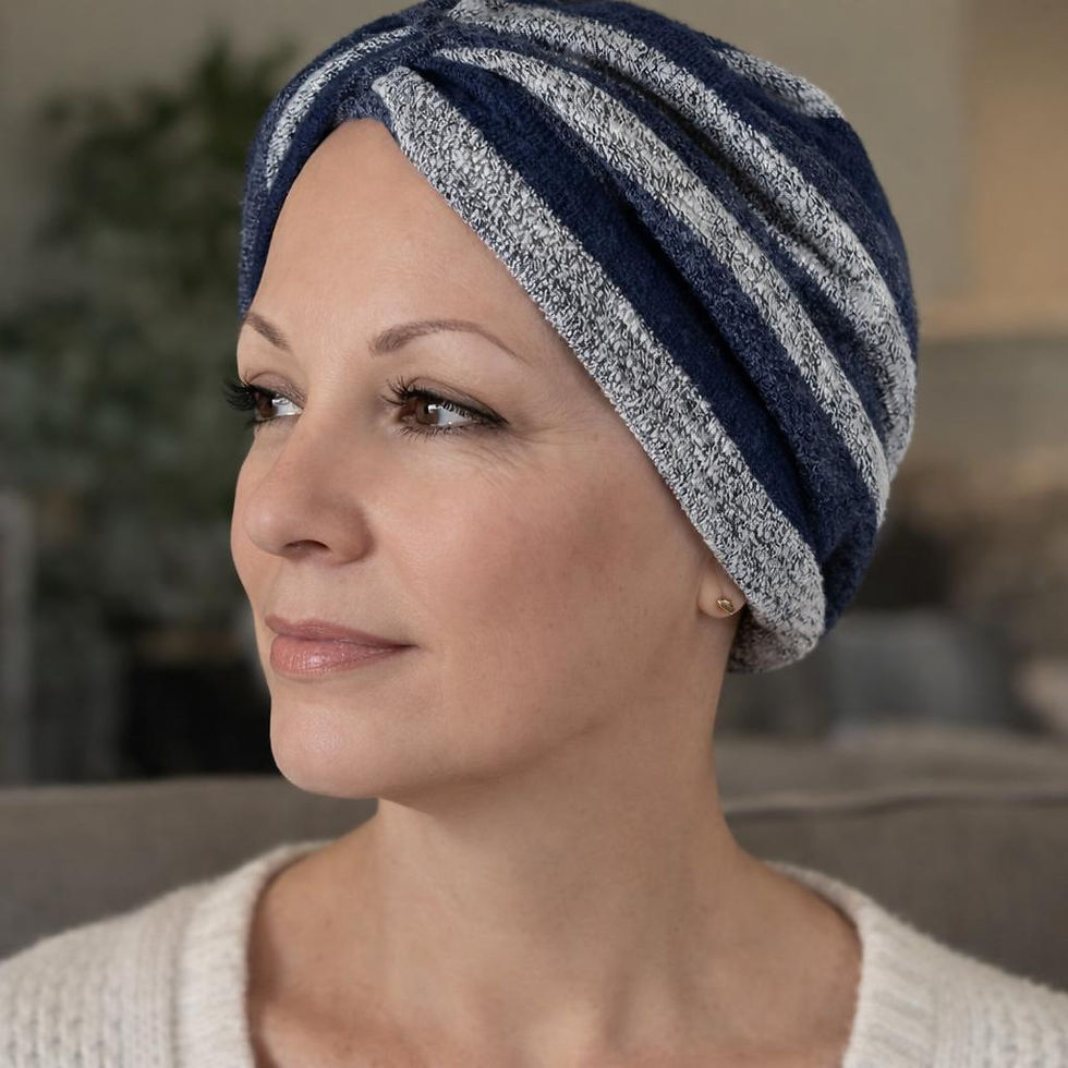 A woman wearing a navy winter chemo hat
