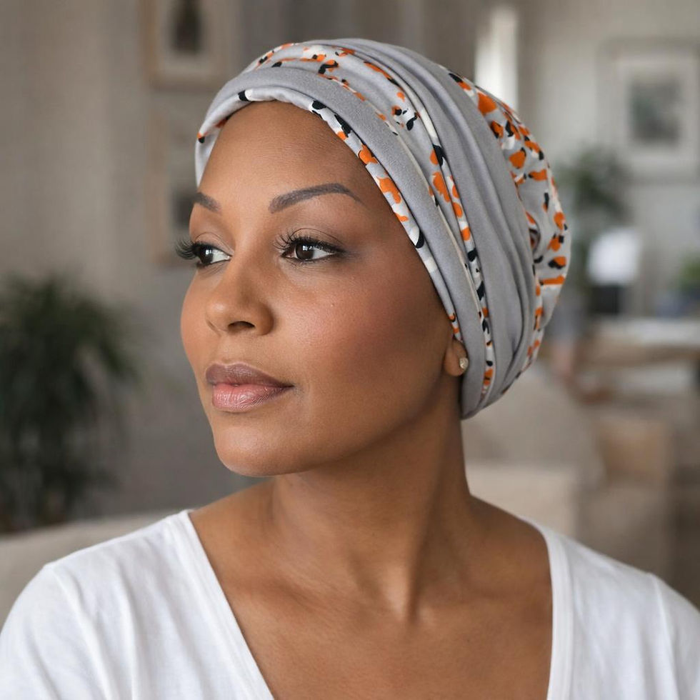 A woman wearing a grey and orange pattered chemo headscarf for hairloss