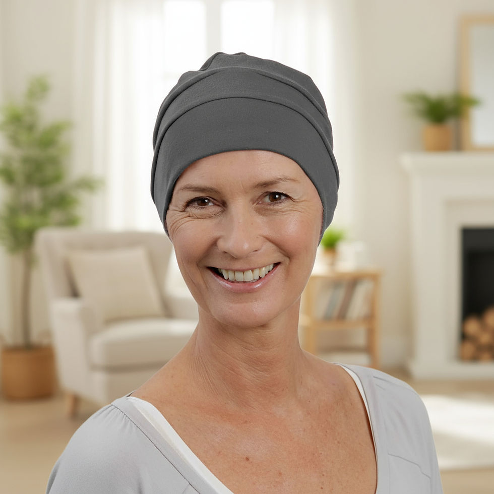 A woman wearing a slate grey chemo cap looking happy and relaxed