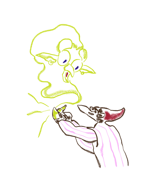 Illustrazione per l'infanzia che rappresenta una scena della fiaba di Aladino e del Genio della Lampada.