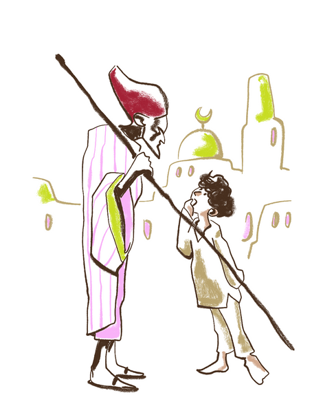 Illustrazione per l'infanzia che rappresenta una scena della fiaba di Aladino e del Genio della Lampada.