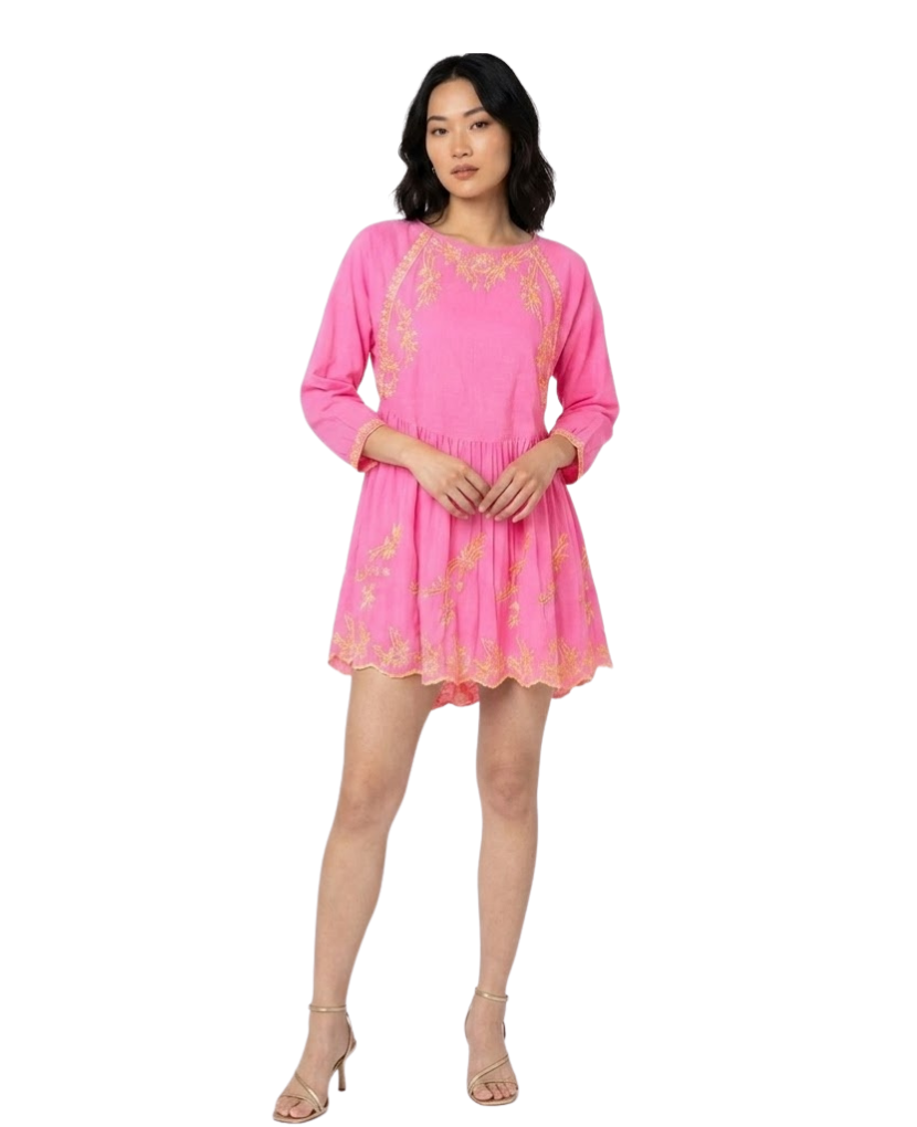 Sugar Pink Neon Orange Embroidered Batwing Dress