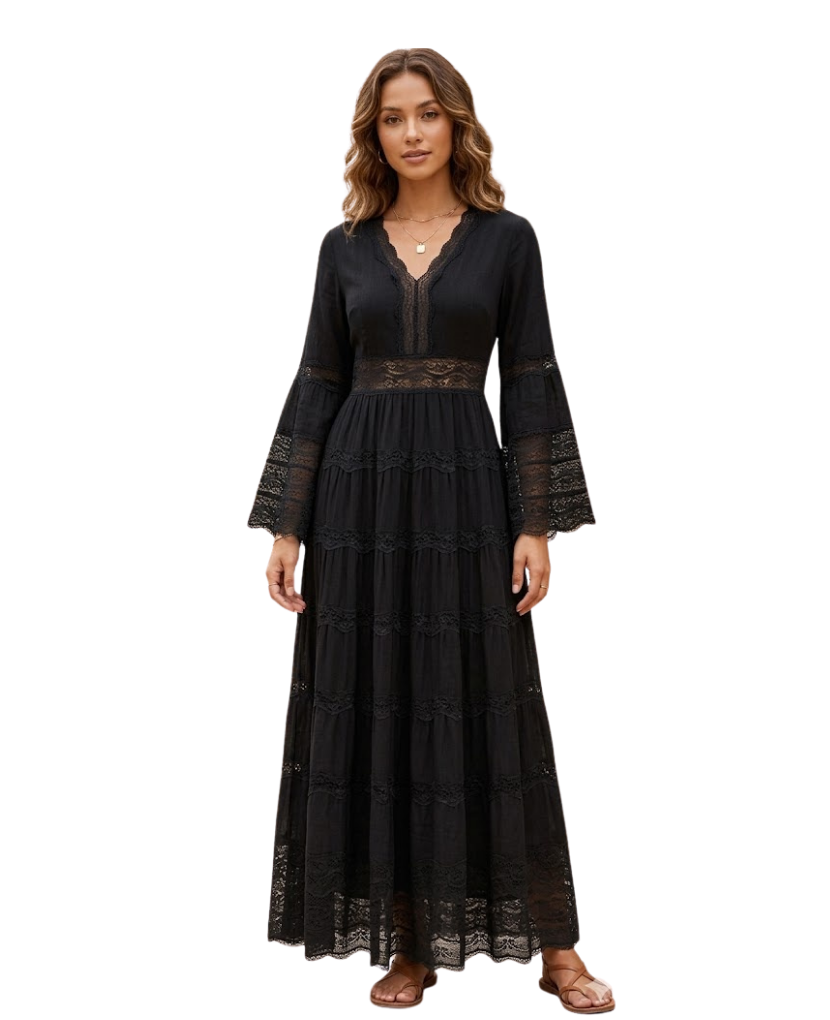 Lydia V-Neck Black Lace Tiered Bell Sleeve Maxi Dress