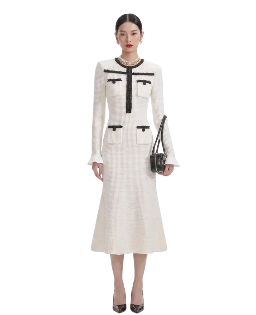 White Knit Contrast Trim Midi Dress