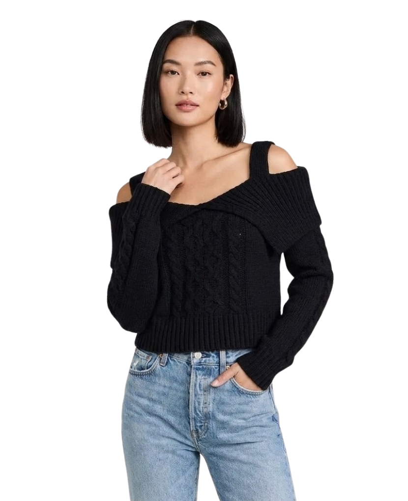 Black Cable Knit Collared Off Shoulder Cropped Sweater