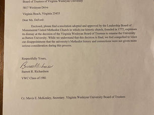A Letter To The Trustees AND A Resolution: Monumental UMC Opposes Name Change