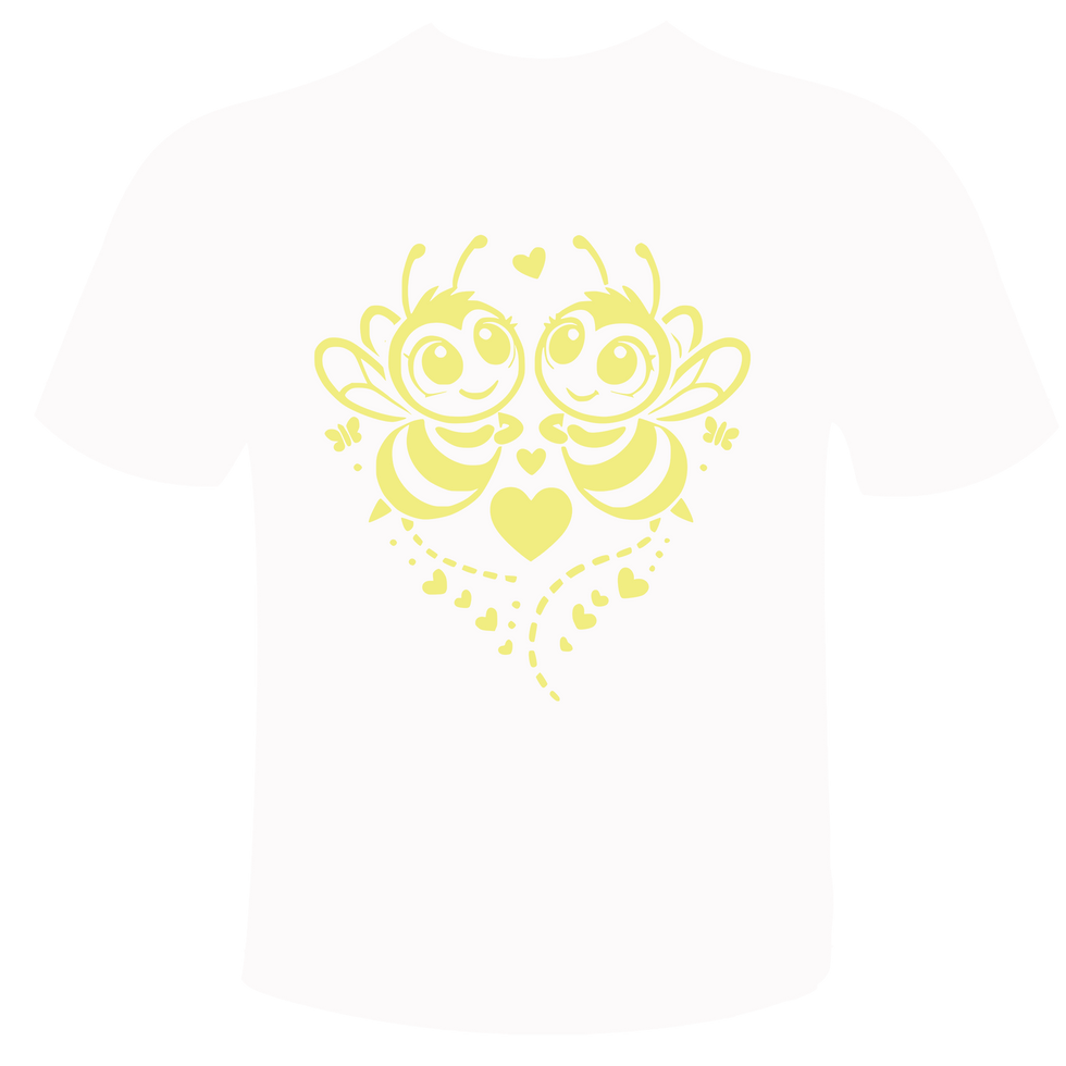 White t-shirt with a yellow honeybee heart design.
