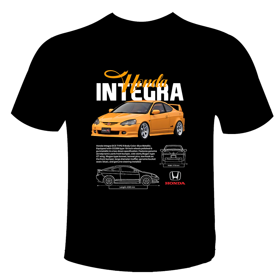 Black Honda Integra t-shirt with orange car graphic.