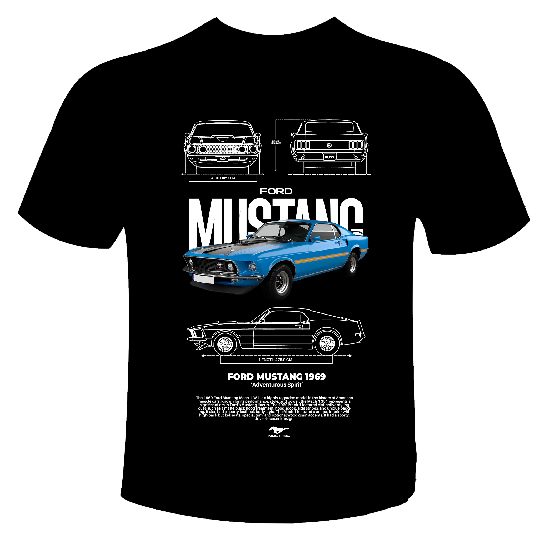 Black Ford Mustang 1969 performance t-shirt