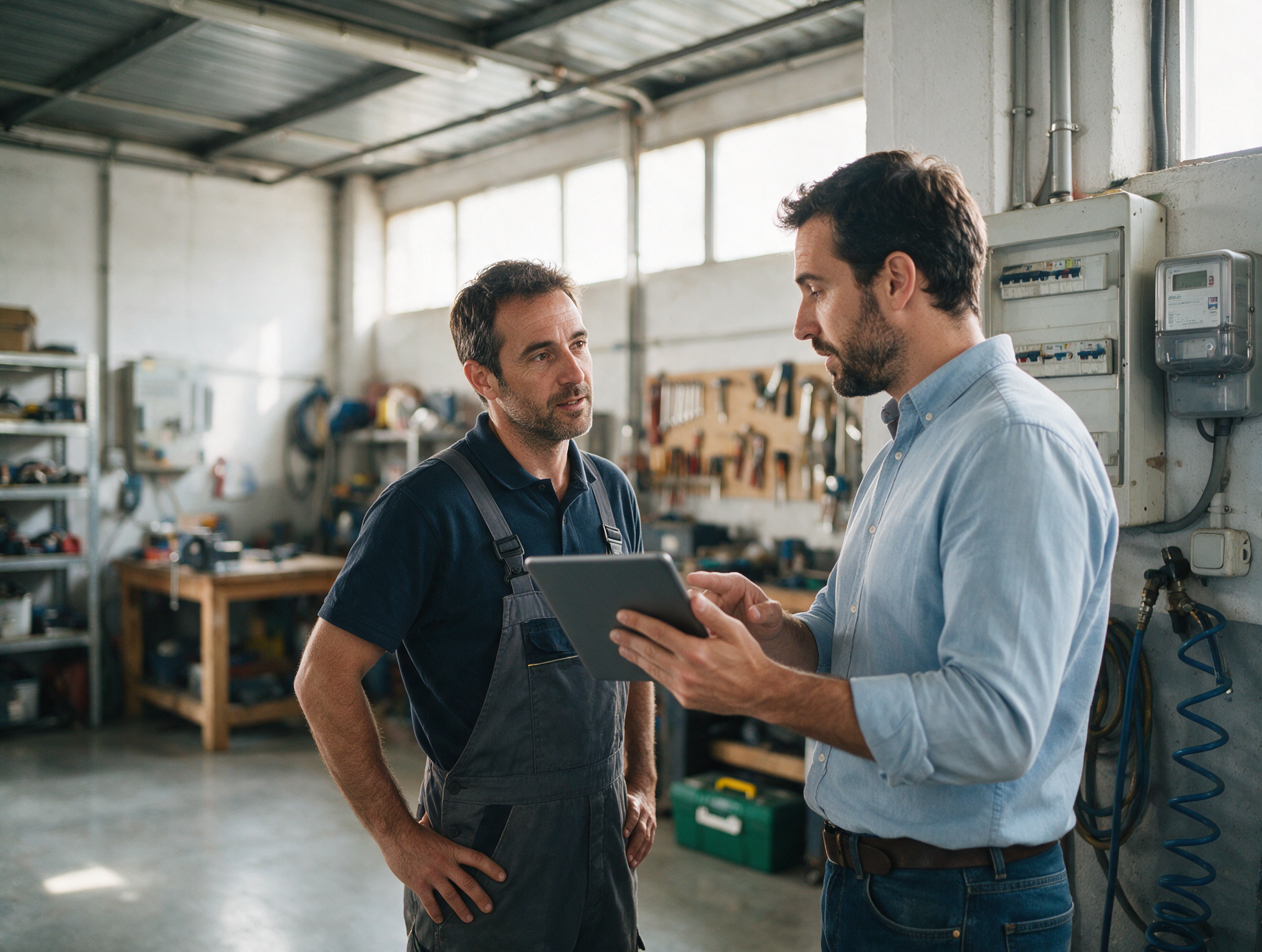 Asesor energético revisando el cuadro eléctrico y el contador con el dueño de un taller
