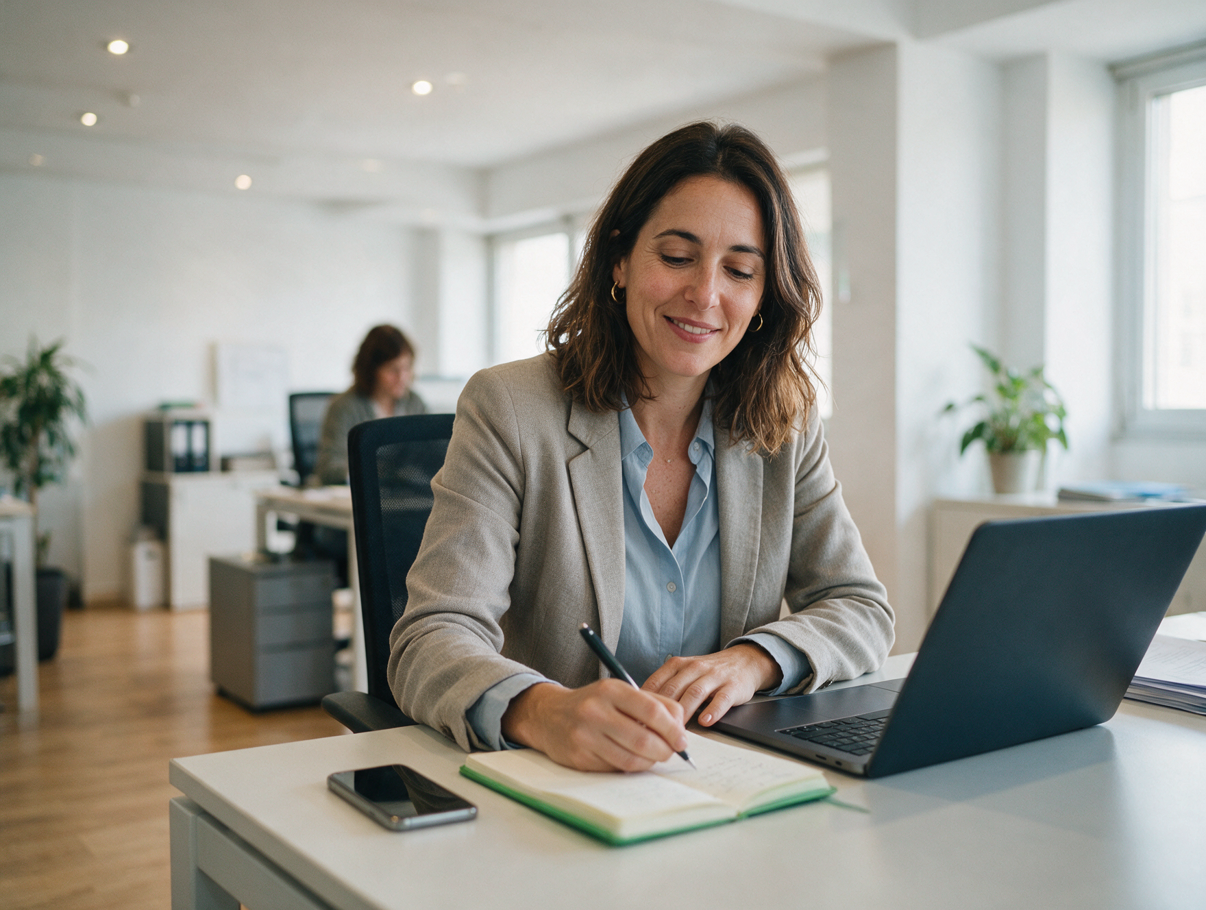 Asesora energética tomando notas en su mesa tras una llamada con un posible cliente