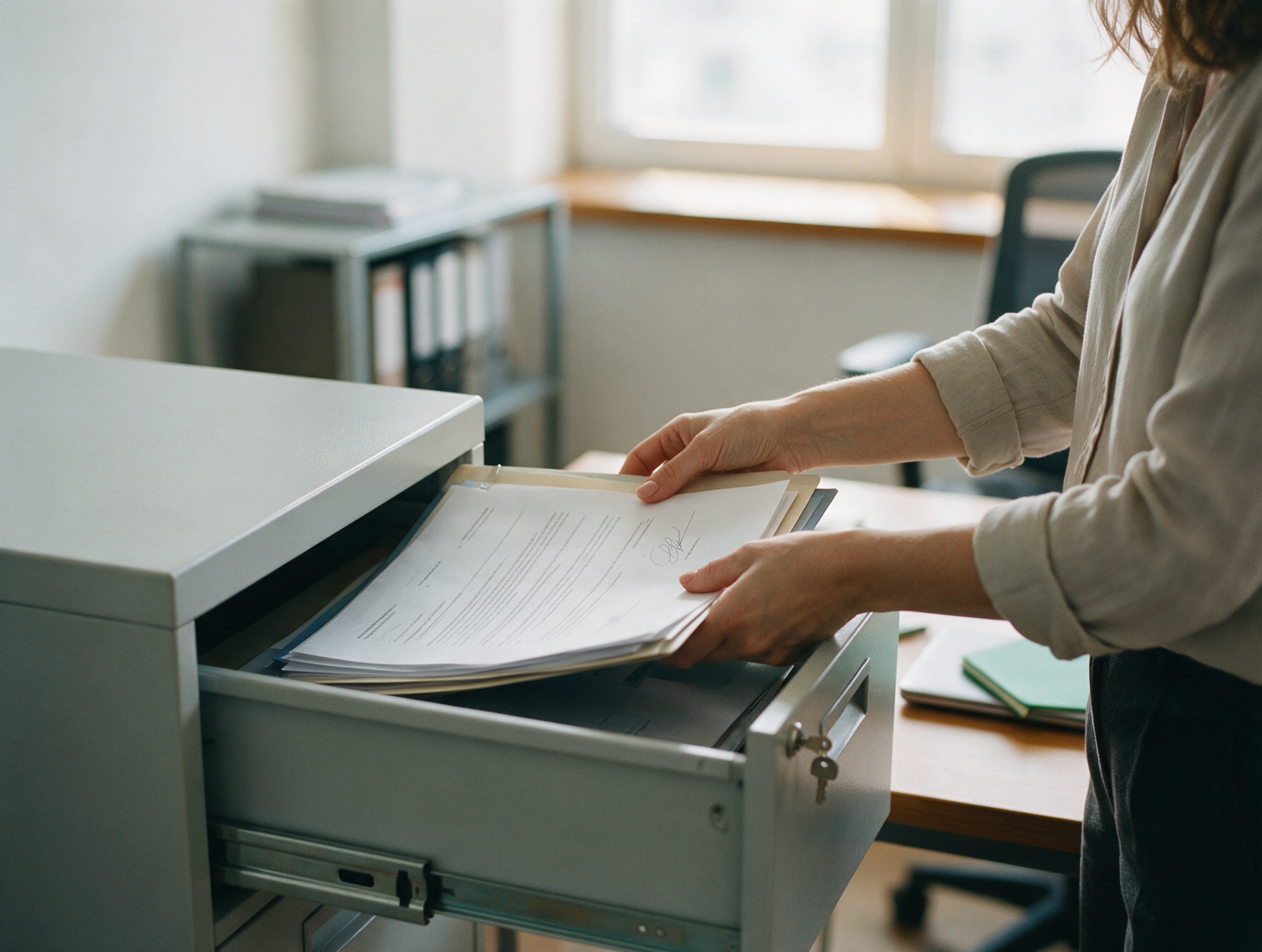 Mano guardando contratos firmados de clientes en un archivador con llave en una oficina