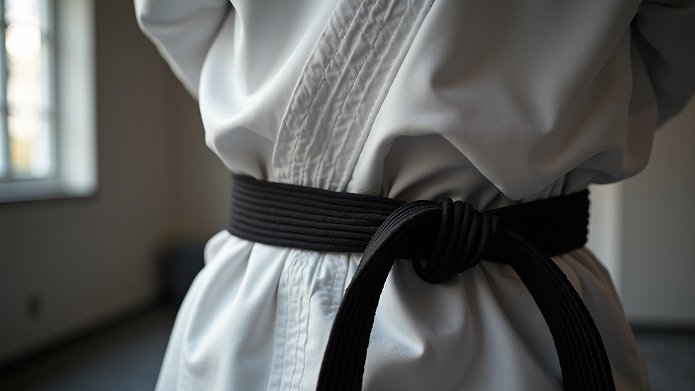 Close-up view of a karate belt tied neatly on a uniform