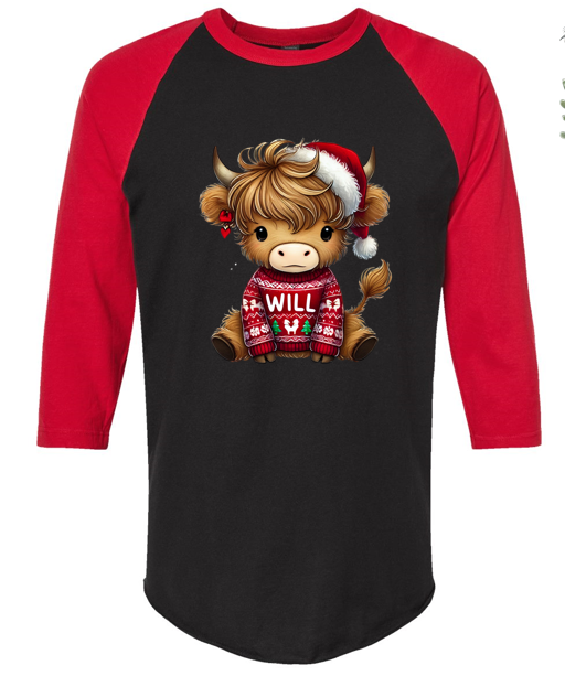 Thumbnail: Adult Custom Name Holiday Highland Cow Raglan
