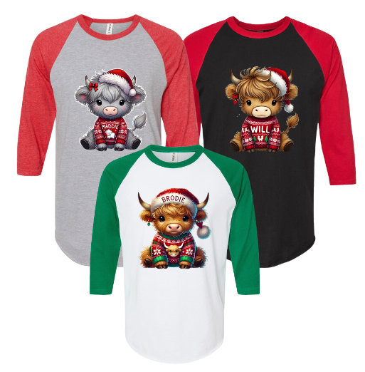 Adult Custom Name Holiday Highland Cow Raglan