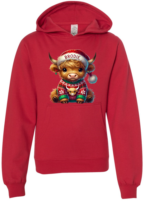 Thumbnail: Youth Custom Name Holiday Highland Cow Hoodie