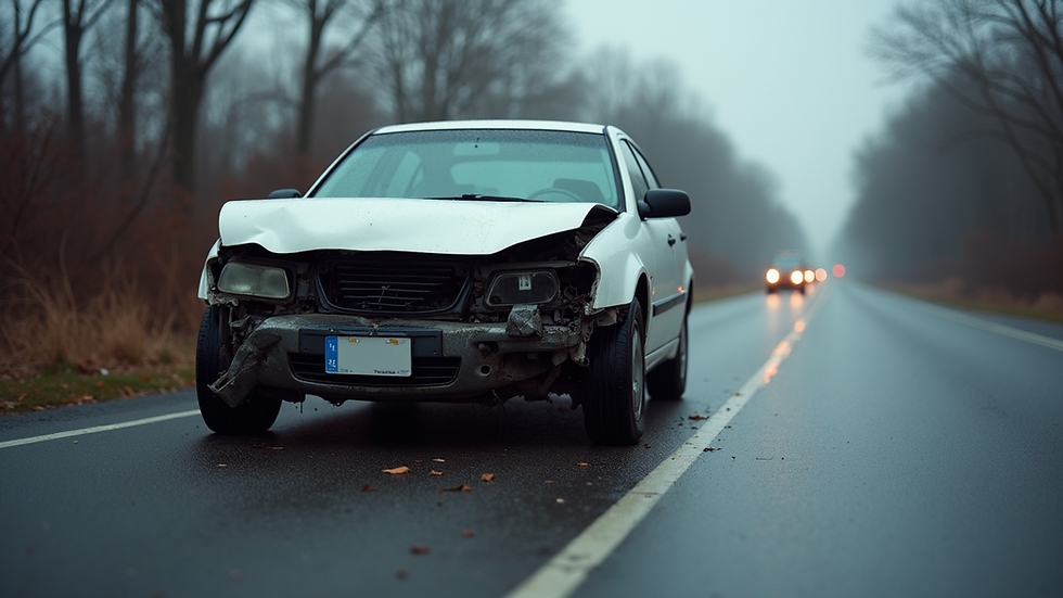 Eye-level view of a damaged car on the roadside after an accident