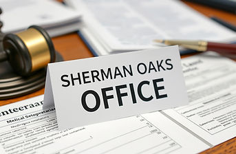 word _SHERMAN OAKS OFFICE _ on a card on top of attorney's desk with medical documentatio