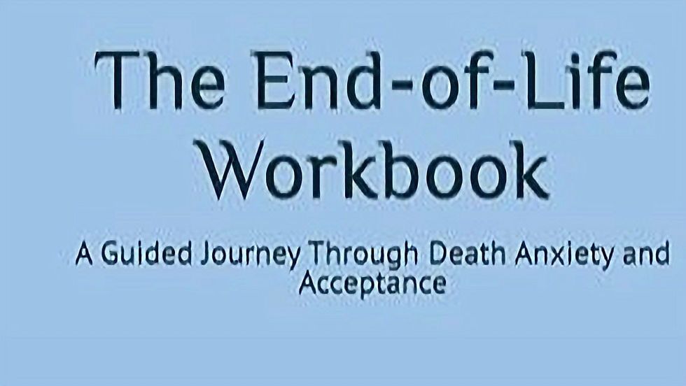 A pale green moth on a dark surface, beneath text: "The End-of-Life Workbook: A Guided Journey Through Death Anxiety and Acceptance."