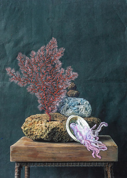 STILL LIFE (le coquillage à la perle)aquarelle, gouache,crayons de couleurs et encre sur i