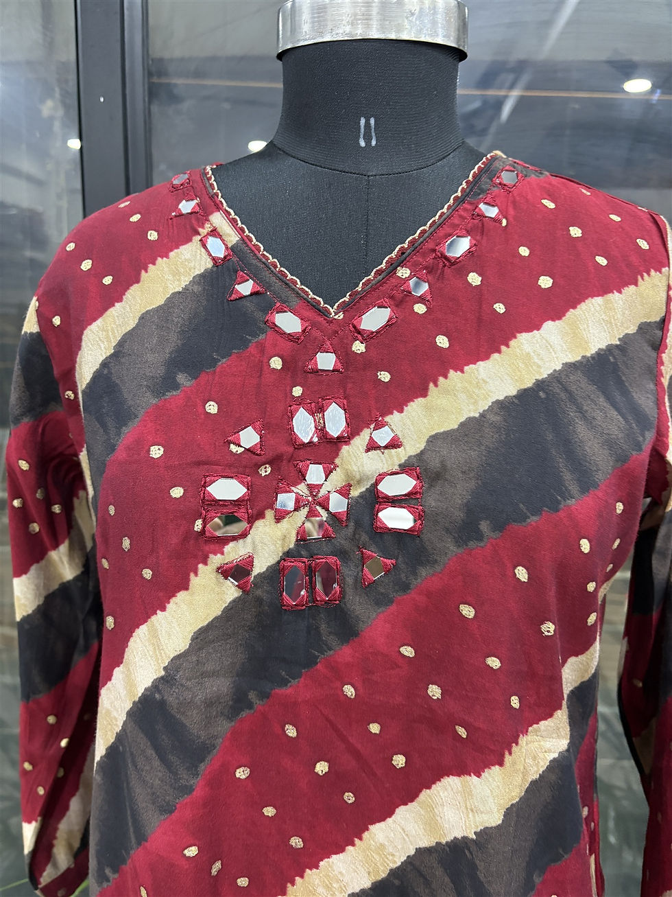 Thumbnail: Red and Black muslin silk Kurti with mirror work at the yoke