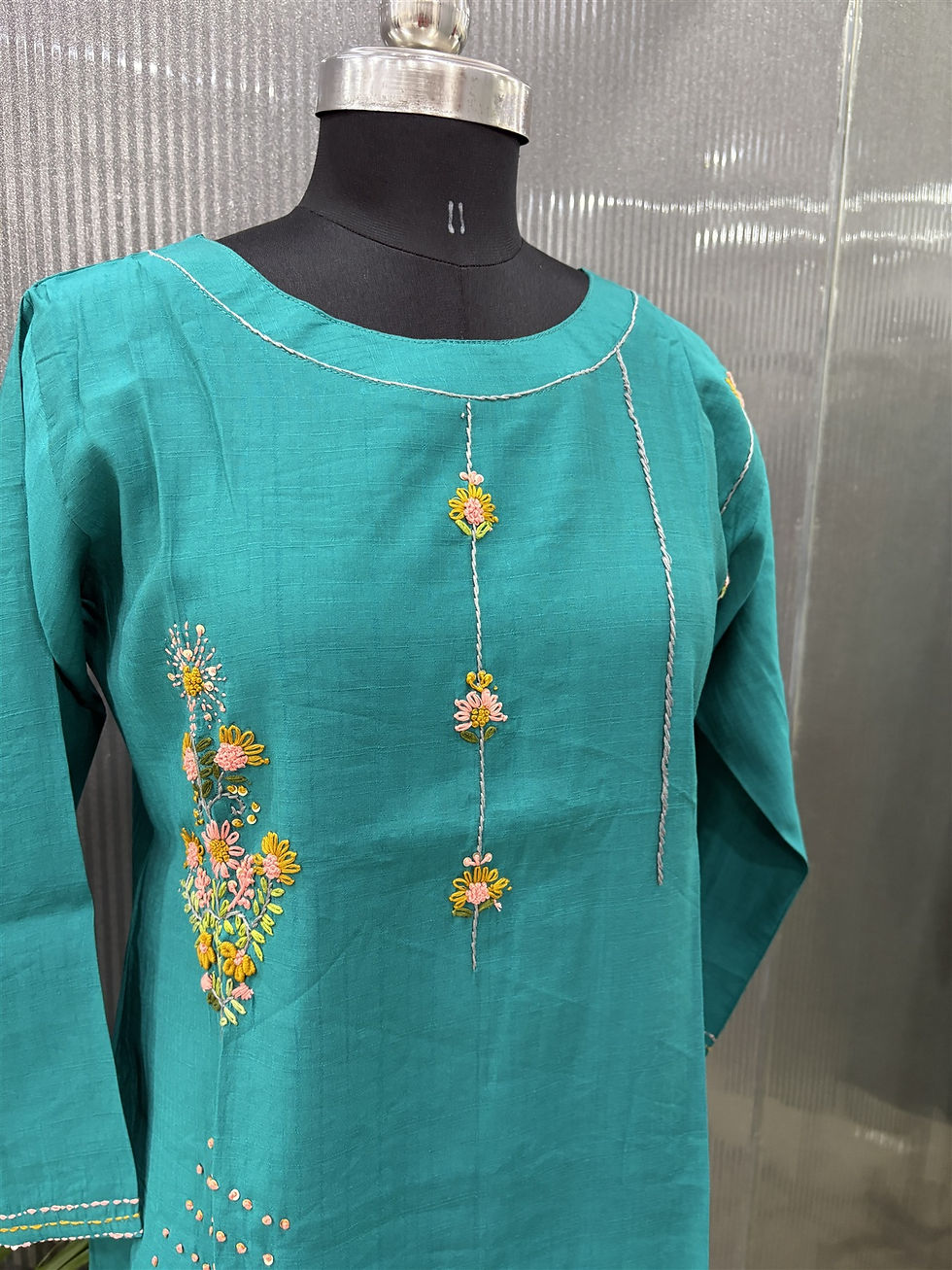 Thumbnail: Peacock Green Vatican silk Kurti with floral thread work
