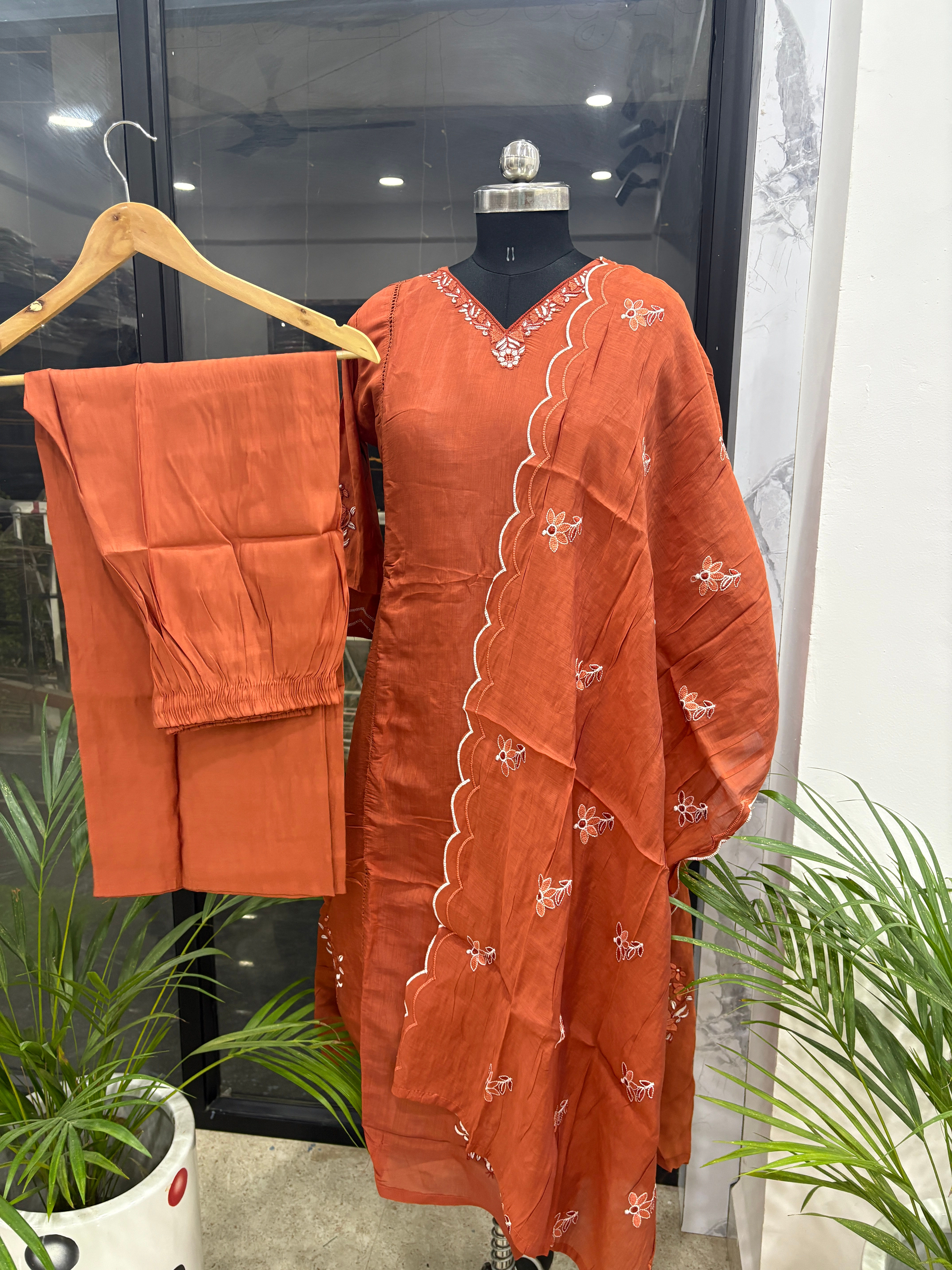 Rust Orange Mul chandheri 3 piece suit set