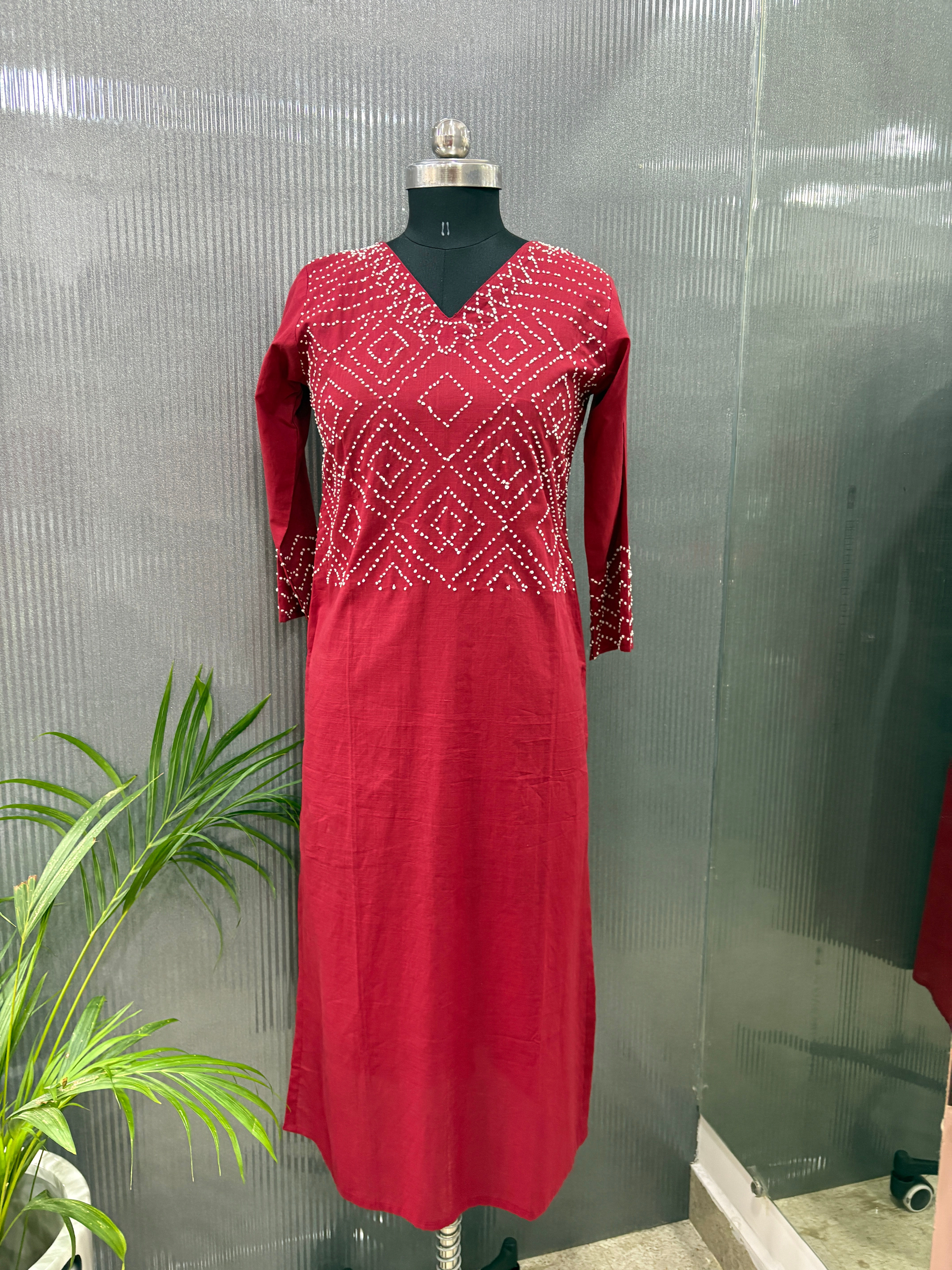 Maroon Red cotton Kurti with knot work at the yoke