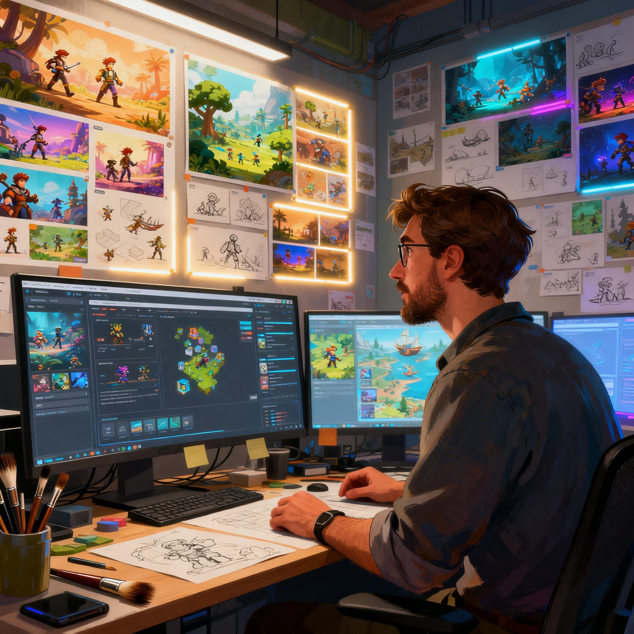 Indie prestige art studio control room with multi-region dashboards and annotated art boards