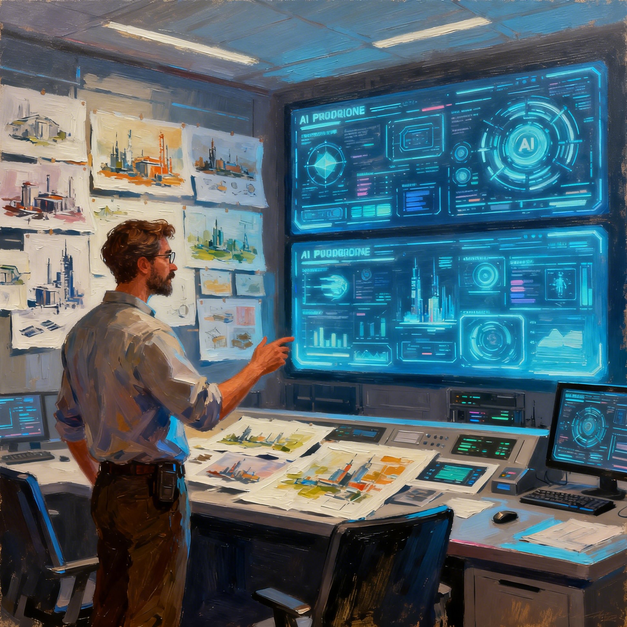 Cinematic matte painting of an enterprise art director briefing AI procurement screens in a luminous war room