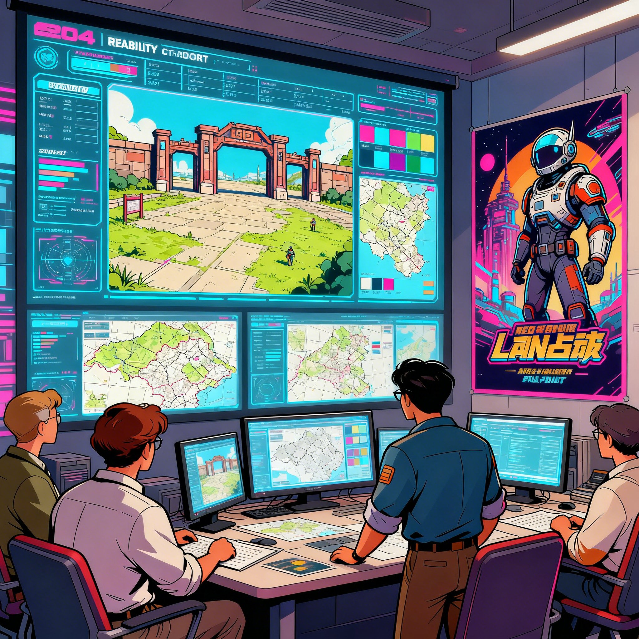 Creative directors reviewing a premium 2D art reliability dashboard and launch assets