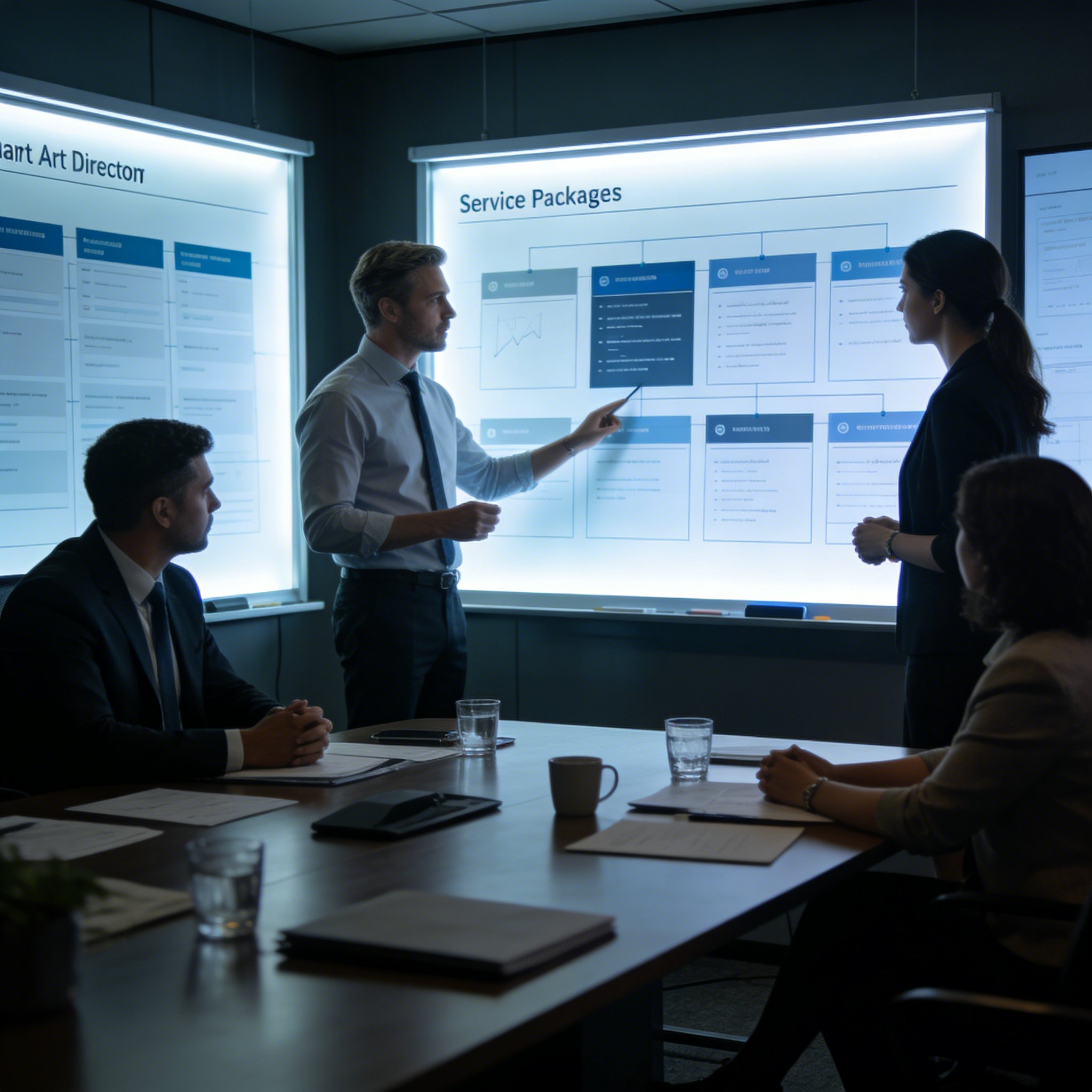 Game leadership team reviewing modular service packaging boards and commercial telemetry charts