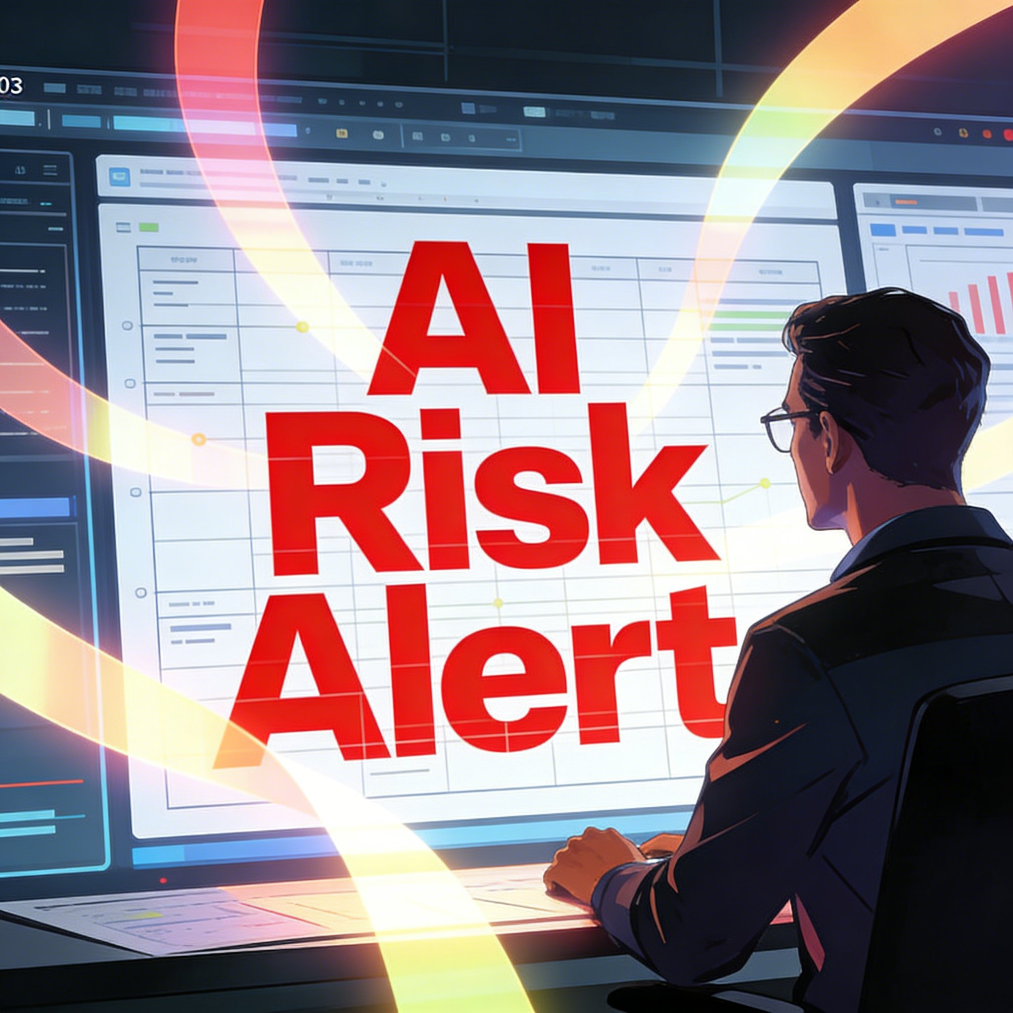 Mid-size studio founder reviewing layered 2D governance boards with AI risk alerts