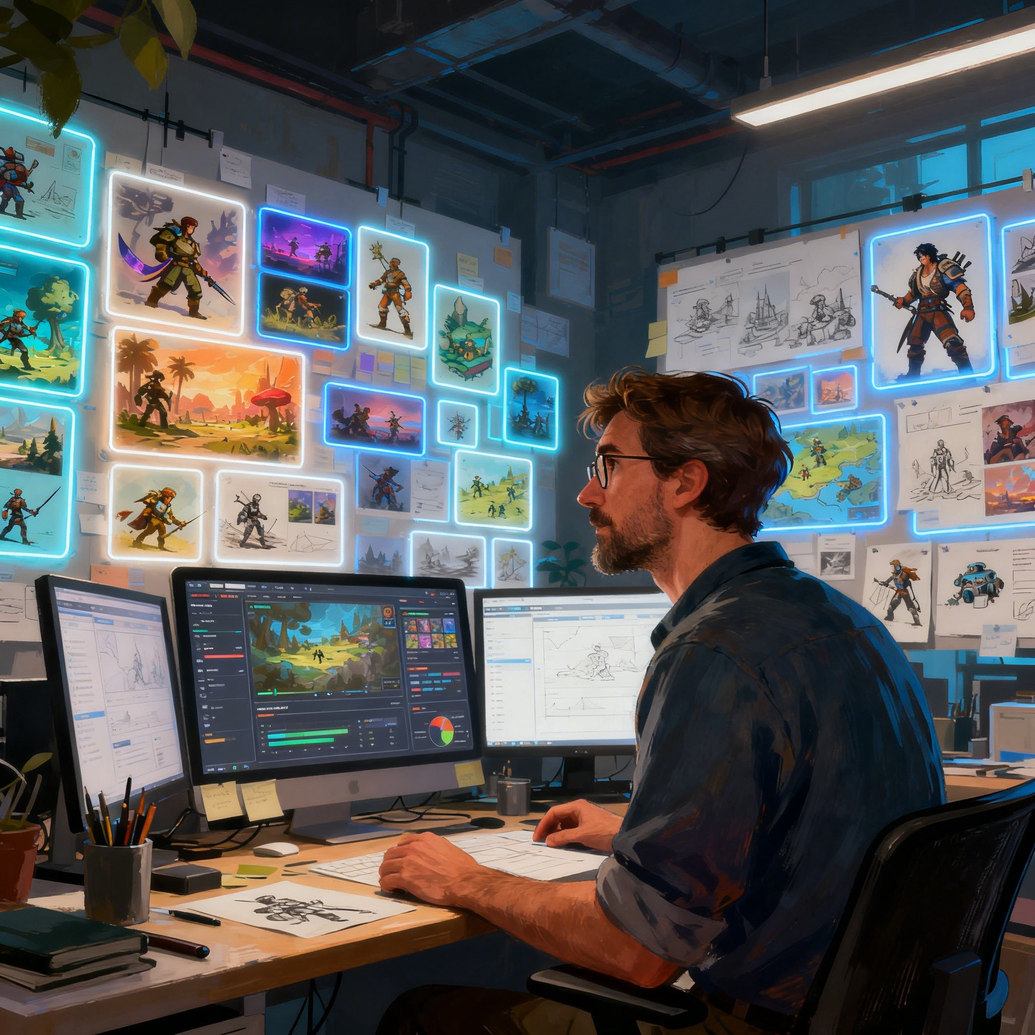 Indie prestige art studio control room with multi-region dashboards and annotated art boards