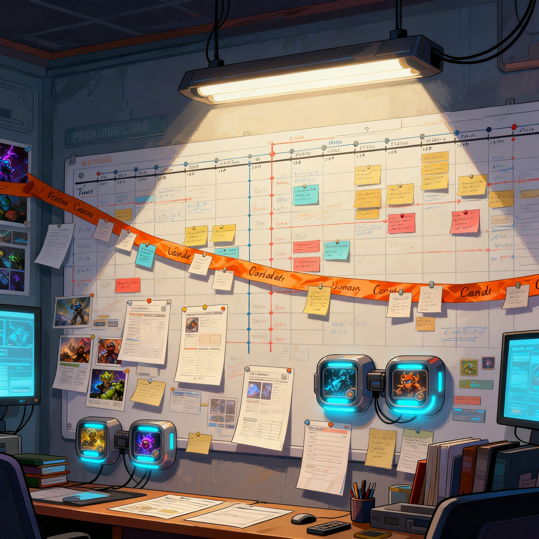 Producer reviewing dual-track art governance board that ties vendor pods to launch milestones