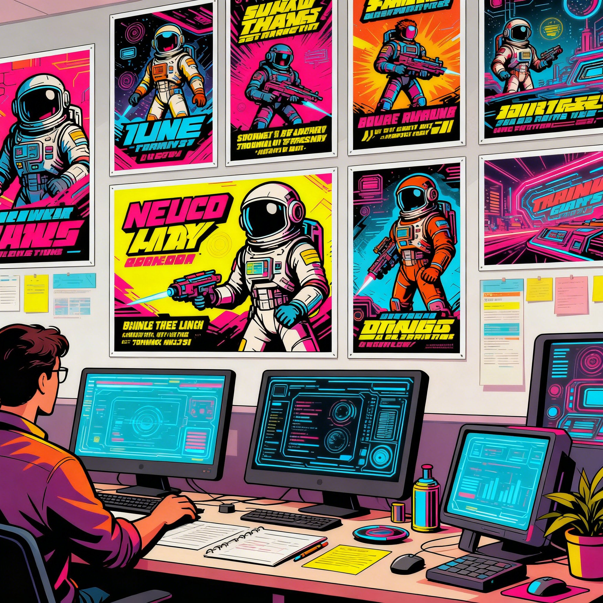 Bright premium key visual of a game marketing lead reviewing colorful campaign art variations across a polished creative control wall